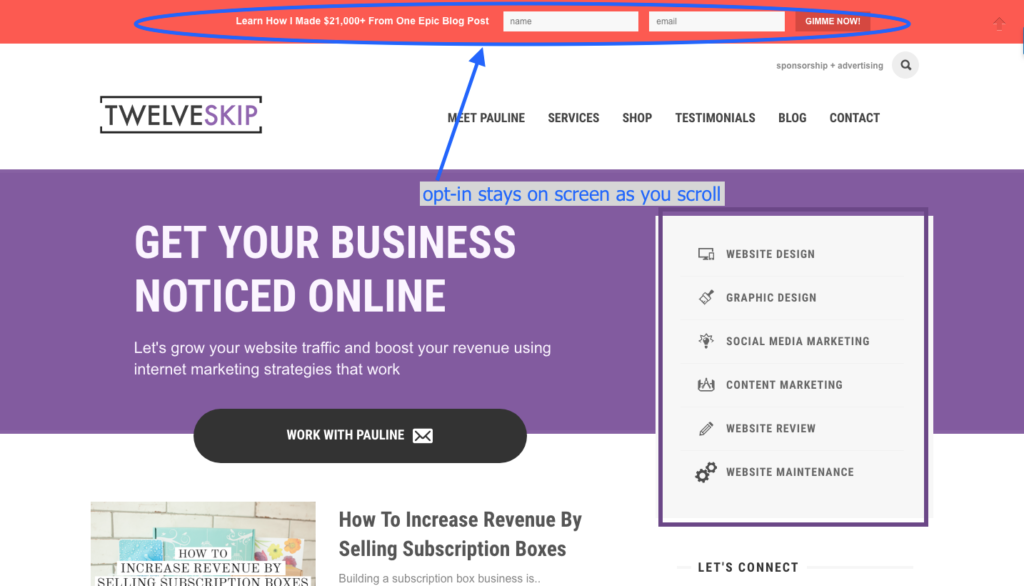email marketing opt in floating bar example